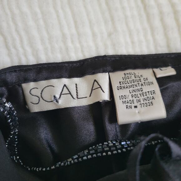 Vintage 90s Scala Sz L Black Silk OneShoulder Asymmetrical Beaded Y2K Midi Dress - Picture 8 of 10